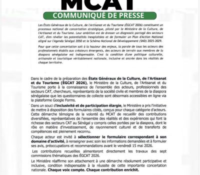 COMMUNIQUÉ OFFICIEL : Relatif à la procédure de remplissage des formulaires de collecte de données pour les États Généraux de la Culture, de l’Artisanat et du Tourisme