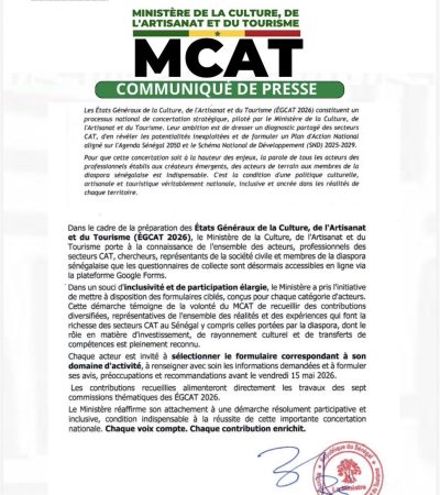 COMMUNIQUÉ OFFICIEL : Relatif à la procédure de remplissage des formulaires de collecte de données pour les États Généraux de la Culture, de l’Artisanat et du Tourisme