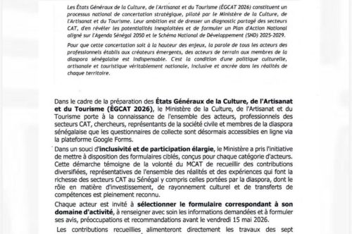 COMMUNIQUÉ OFFICIEL : Relatif à la procédure de remplissage des formulaires de collecte de données pour les États Généraux de la Culture, de l’Artisanat et du Tourisme