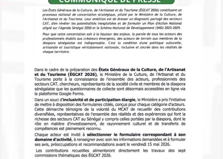 COMMUNIQUÉ OFFICIEL : Relatif à la procédure de remplissage des formulaires de collecte de données pour les États Généraux de la Culture, de l’Artisanat et du Tourisme