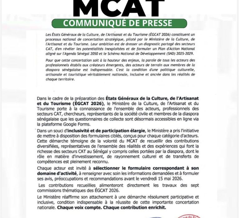 COMMUNIQUÉ OFFICIEL : Relatif à la procédure de remplissage des formulaires de collecte de données pour les États Généraux de la Culture, de l’Artisanat et du Tourisme